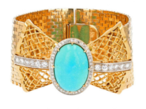 Retro era rose and yellow gold bracelet with bow motif turquoise and diamond center