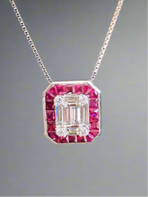 Load image into Gallery viewer, 14K White Gold Diamond Mosaic Ruby Halo Pendant Necklace