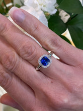 Load image into Gallery viewer, 18K White Gold Square Sapphire Diamond Halo Ring