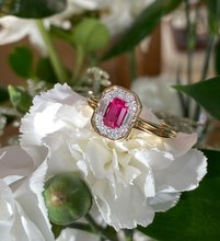 Load image into Gallery viewer, 18K Yellow Gold Ruby and Diamond Halo Ring