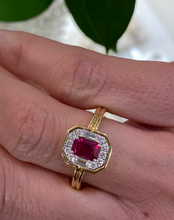 Load image into Gallery viewer, 18K Yellow Gold Ruby and Diamond Halo Ring