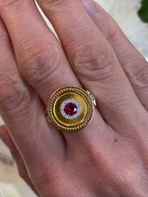 Load image into Gallery viewer, 18K Yellow Gold Ruby and Diamond Disc Ring