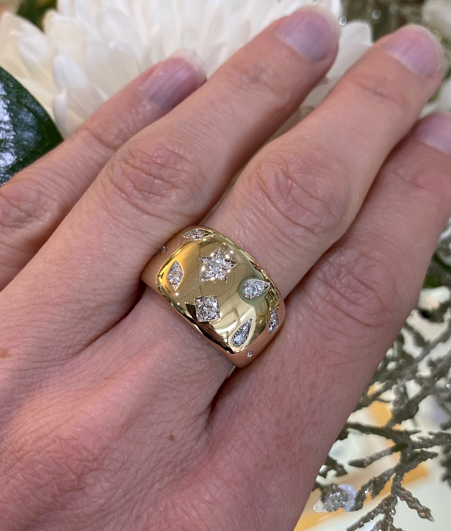 Yellow Gold Starry Sky Wide Band Ring