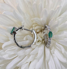 Load image into Gallery viewer, White Gold Emerald and Diamond Huggie Hoop Earrings