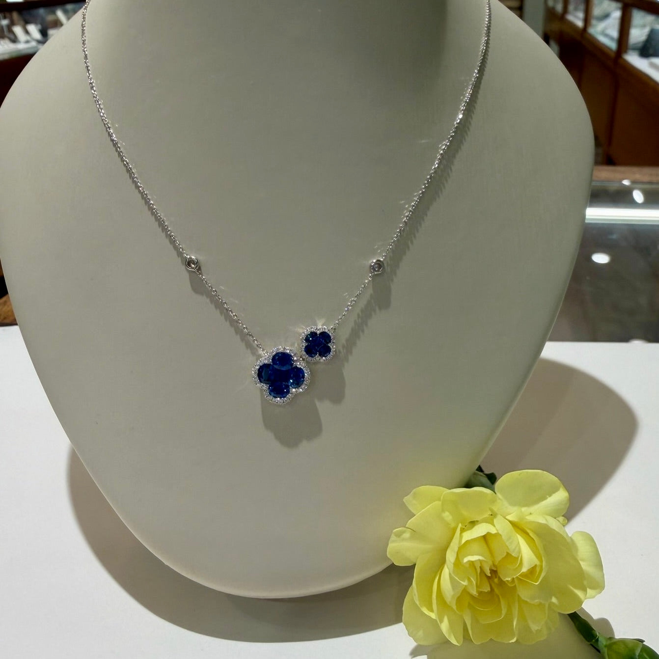 Sapphire and Diamond Asymmetrical Quatrefoil Necklace