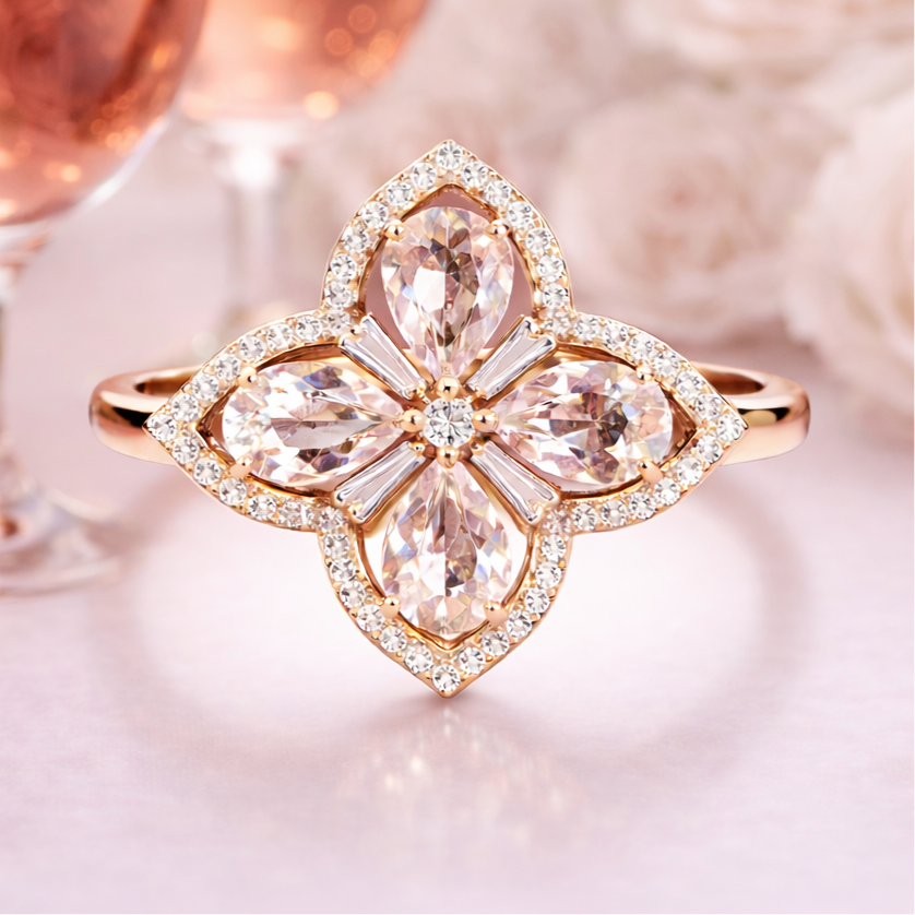 Rosé Clover Morganite and Diamond Ring