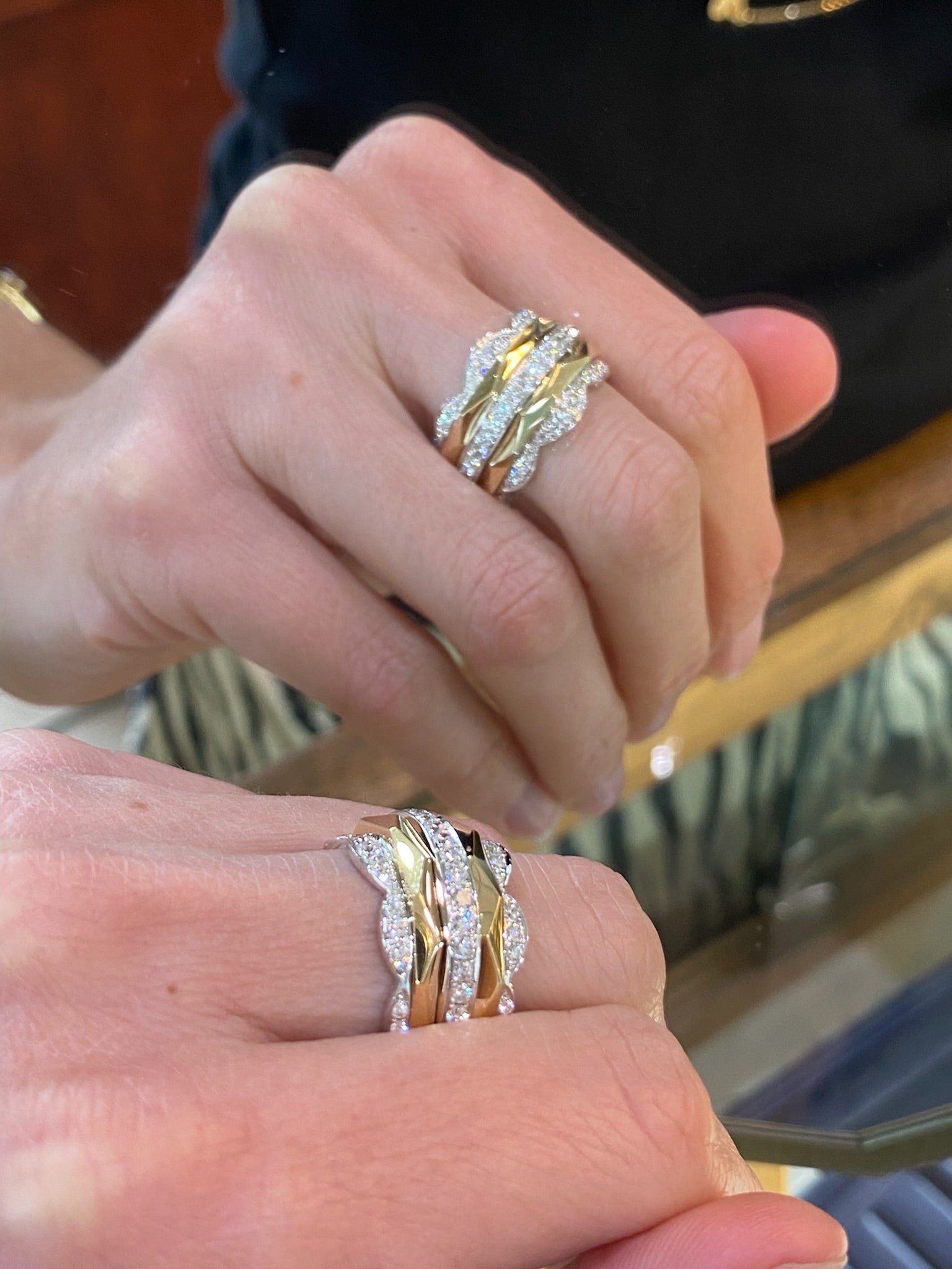 Two Toned Gold and Diamond Geometric Multi-Band Ring
