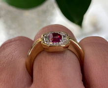 Load image into Gallery viewer, 18K Yellow Gold Ruby and Diamond Halo Ring