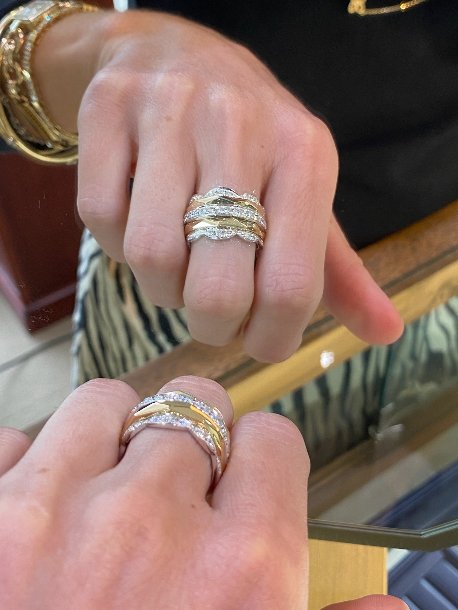 Two Toned Gold and Diamond Geometric Multi-Band Ring