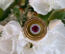 Load image into Gallery viewer, 18K Yellow Gold Ruby and Diamond Disc Ring