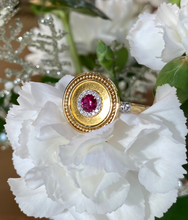 Load image into Gallery viewer, 18K Yellow Gold Ruby and Diamond Disc Ring