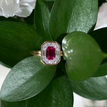 Load image into Gallery viewer, 18K Yellow Gold Ruby and Diamond Halo Ring