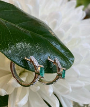Load image into Gallery viewer, White Gold Emerald and Diamond Huggie Hoop Earrings