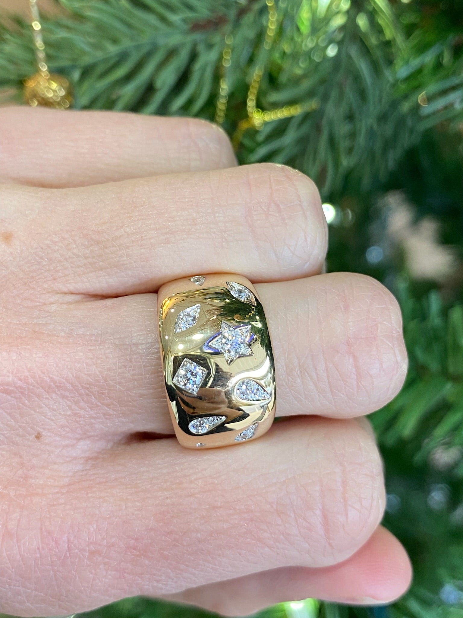 Yellow Gold Starry Sky Wide Band Ring