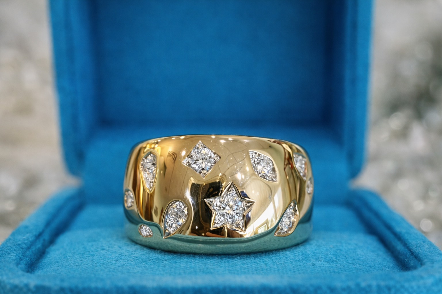 Yellow Gold Starry Sky Wide Band Ring