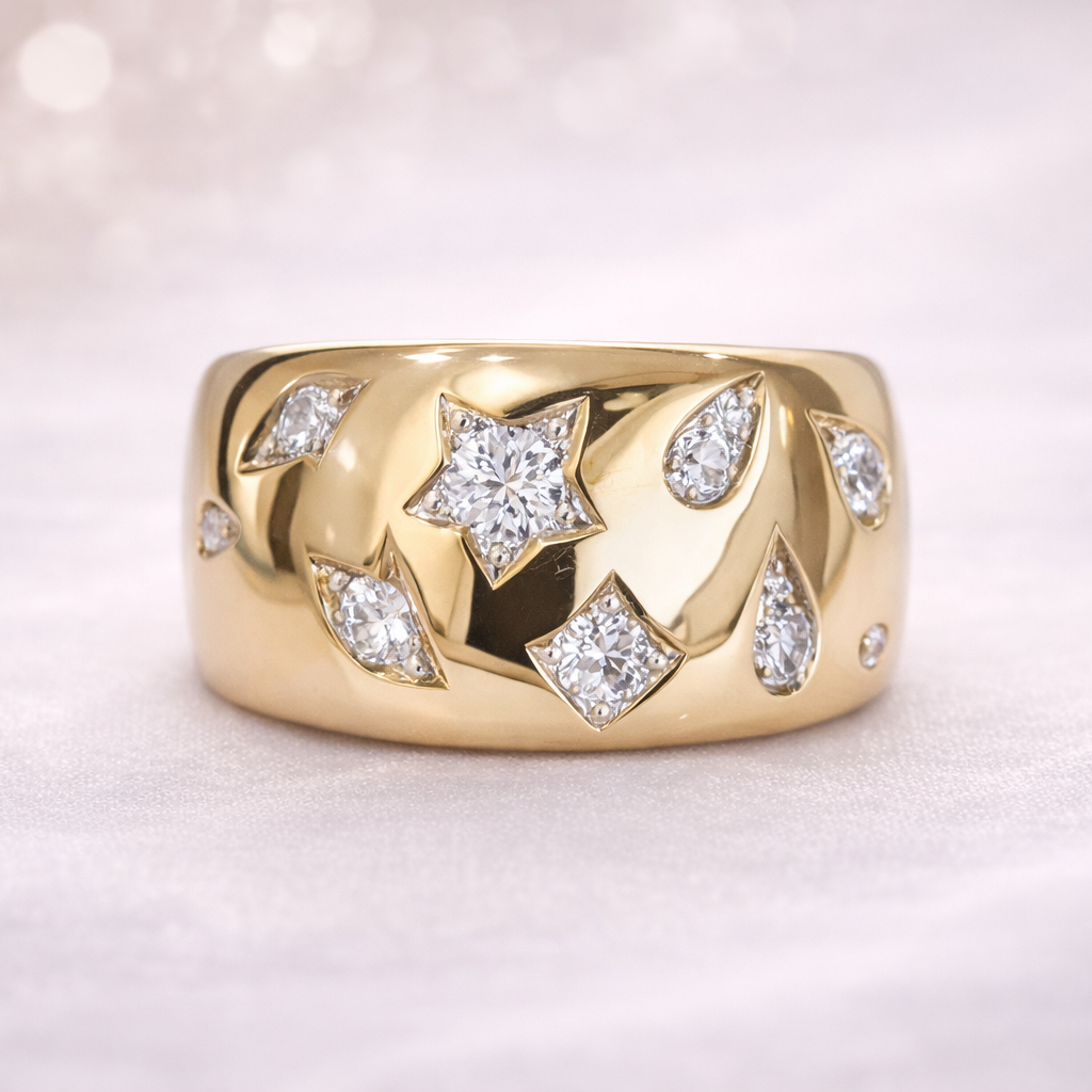 Yellow Gold Starry Sky Wide Band Ring