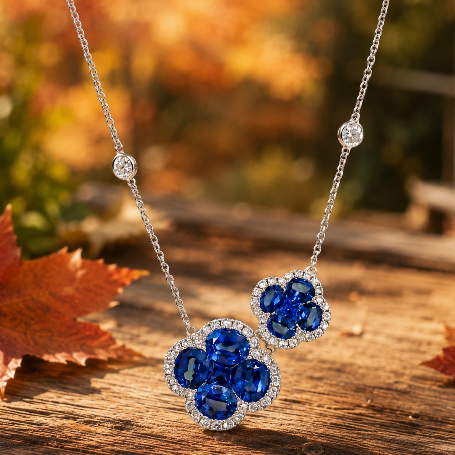 Sapphire and Diamond Asymmetrical Quatrefoil Necklace