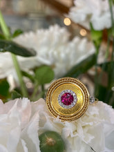 Load image into Gallery viewer, 18K Yellow Gold Ruby and Diamond Disc Ring