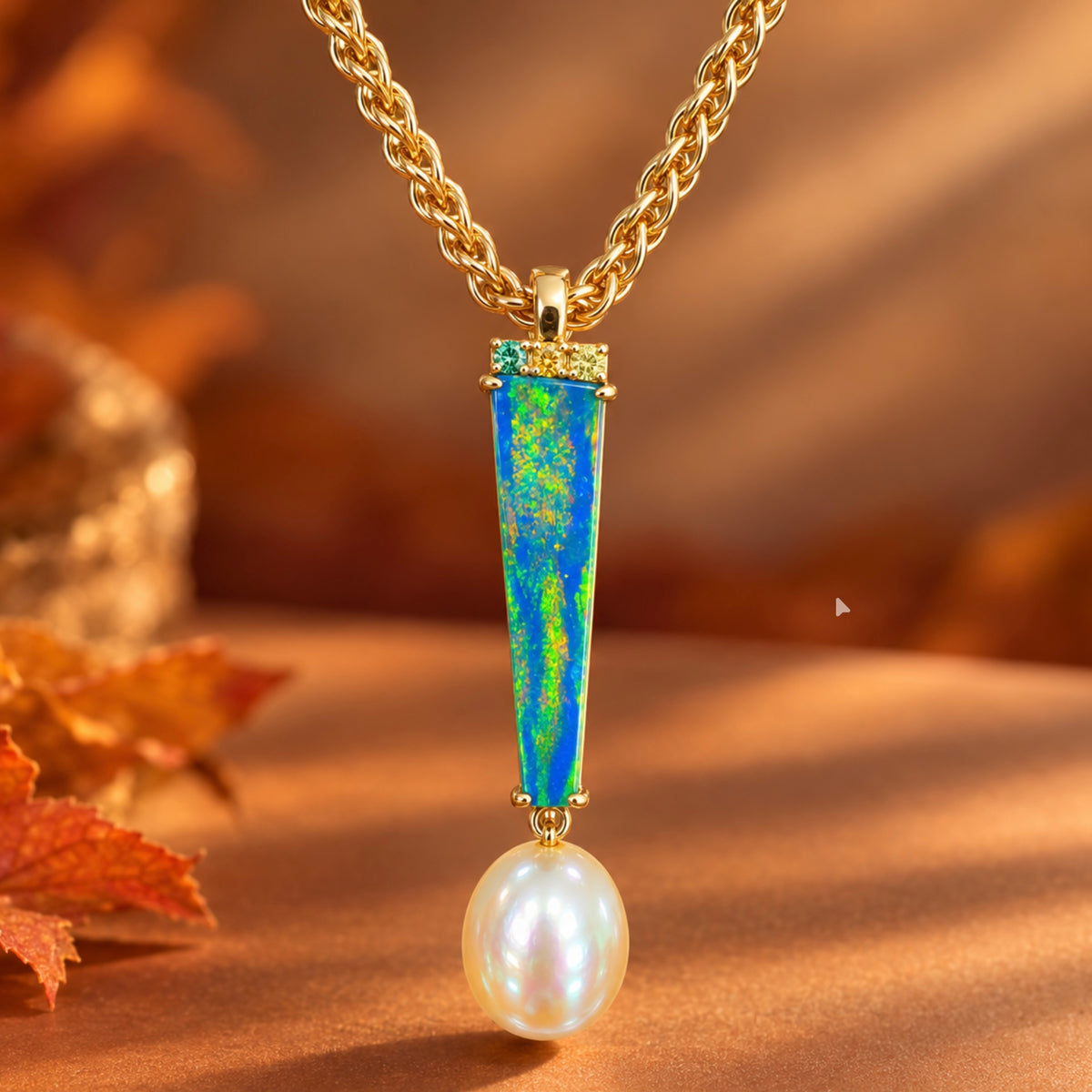 18K Yellow Gold Opal Pearl and Green Garnet Pendant Necklace