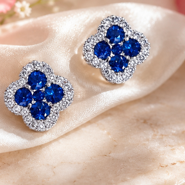 Clover Sapphire and Diamond Stud Earrings