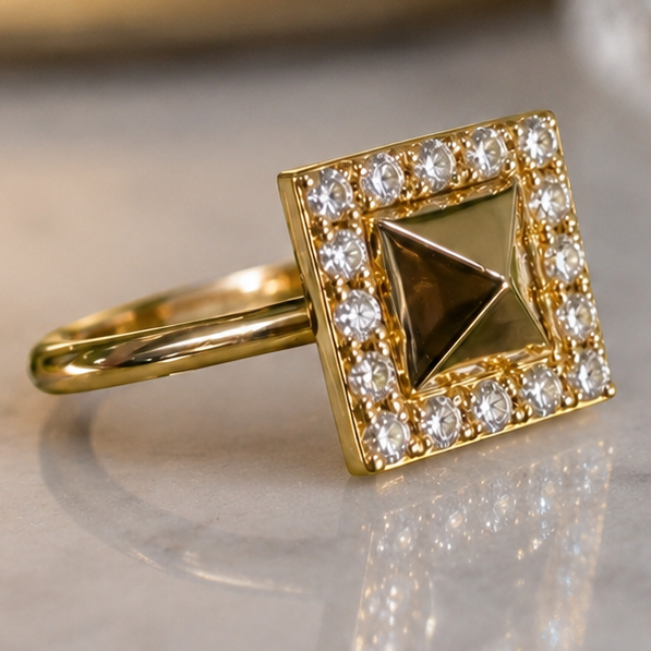 18K Yellow Gold Diamond Halo Pyramid Ring