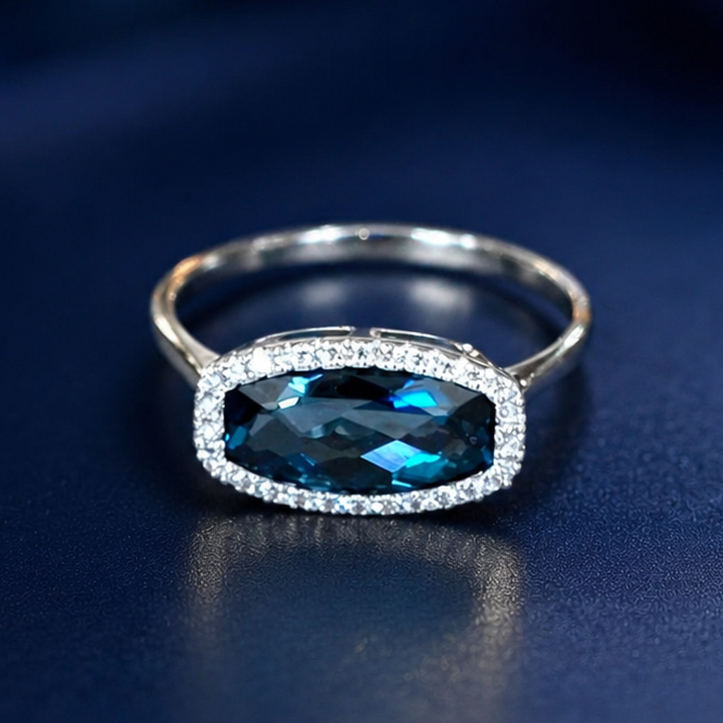 White Gold Deep Blue Topaz and Diamond Ring