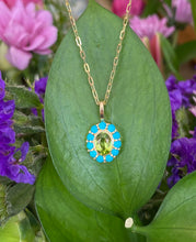 Load image into Gallery viewer, Peridot and Turquoise Halo Pendant Necklace