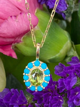 Load image into Gallery viewer, Peridot and Turquoise Halo Pendant Necklace