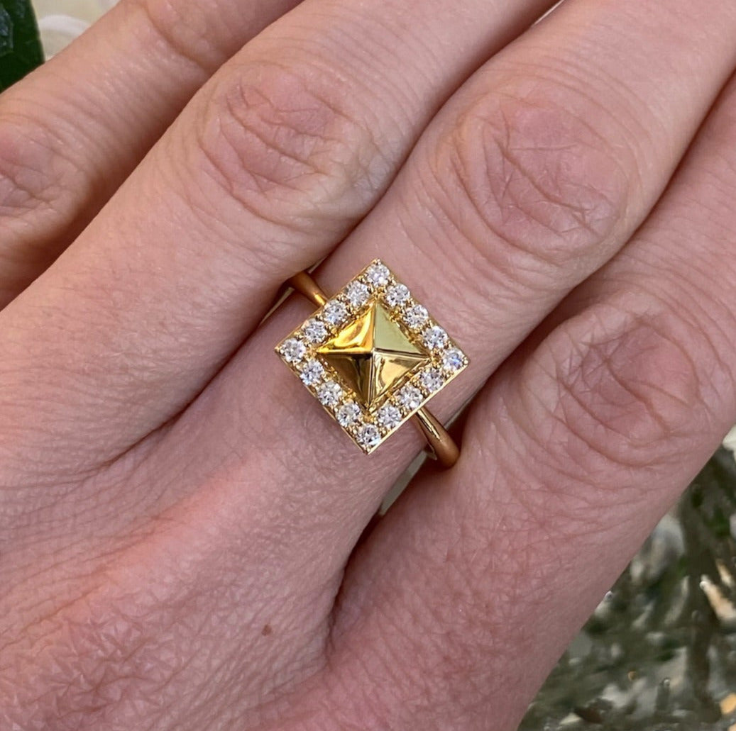 18K Yellow Gold Diamond Halo Pyramid Ring