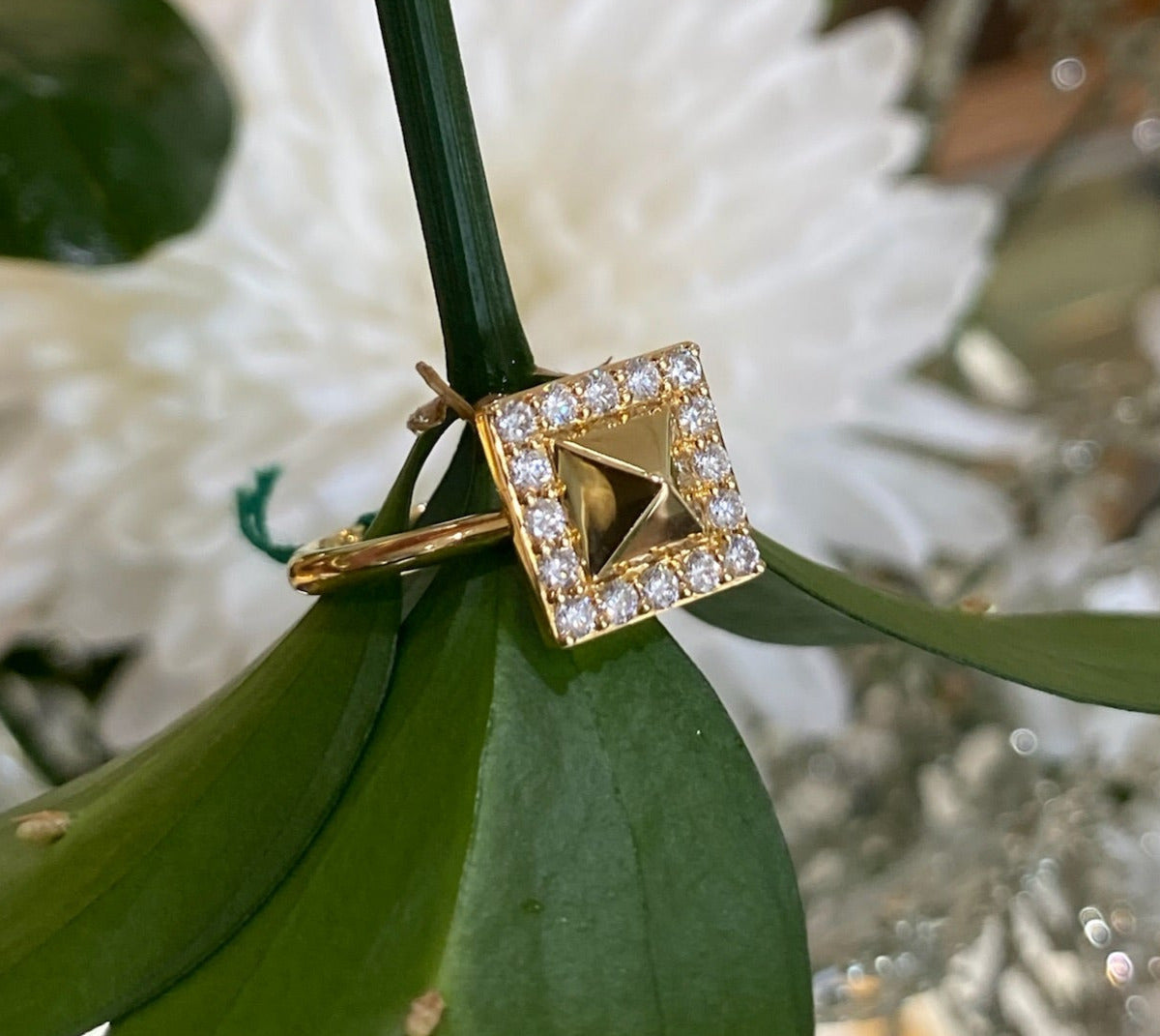 18K Yellow Gold Diamond Halo Pyramid Ring