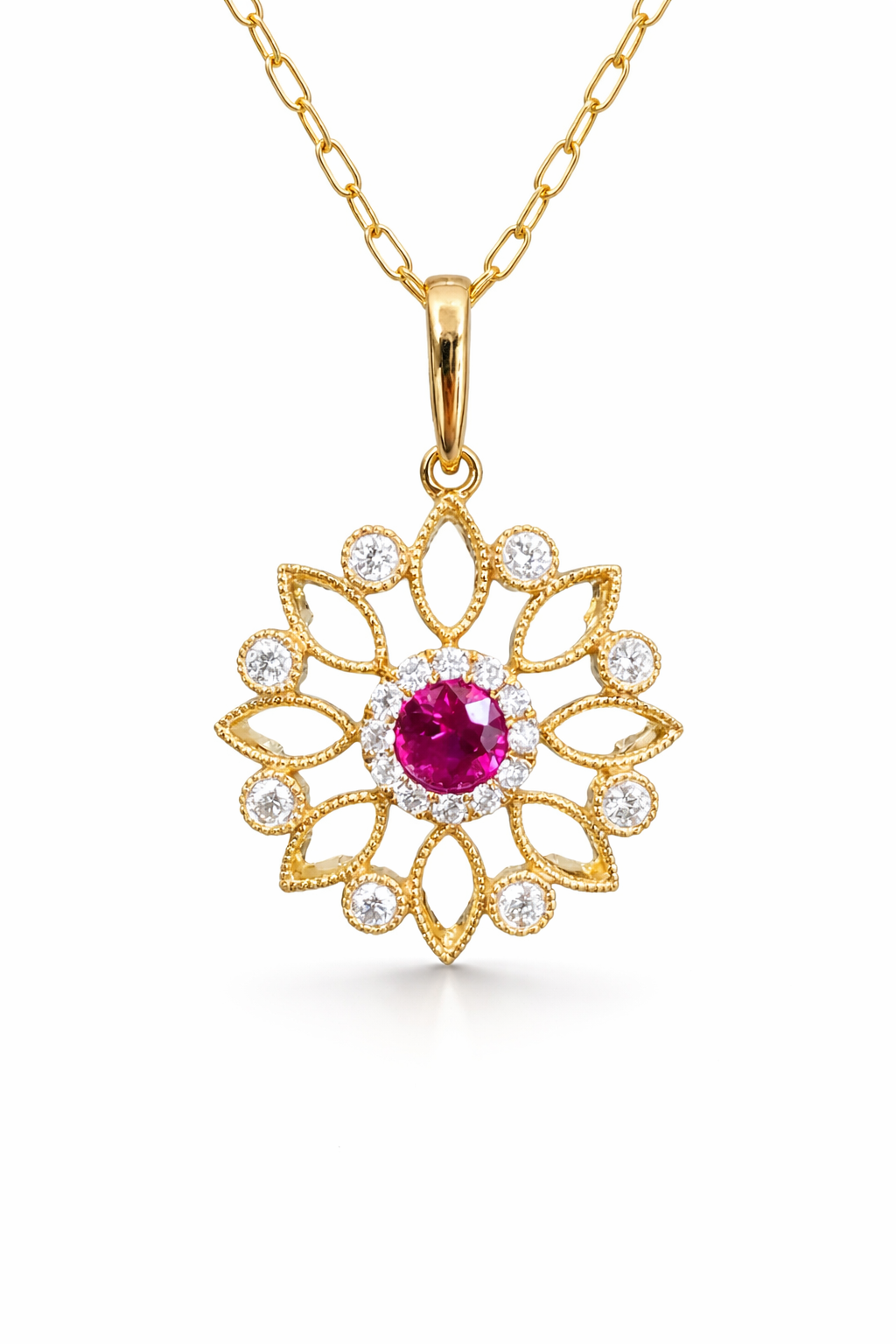 Ruby and Diamond Yellow Gold Mandala Drop Pendant