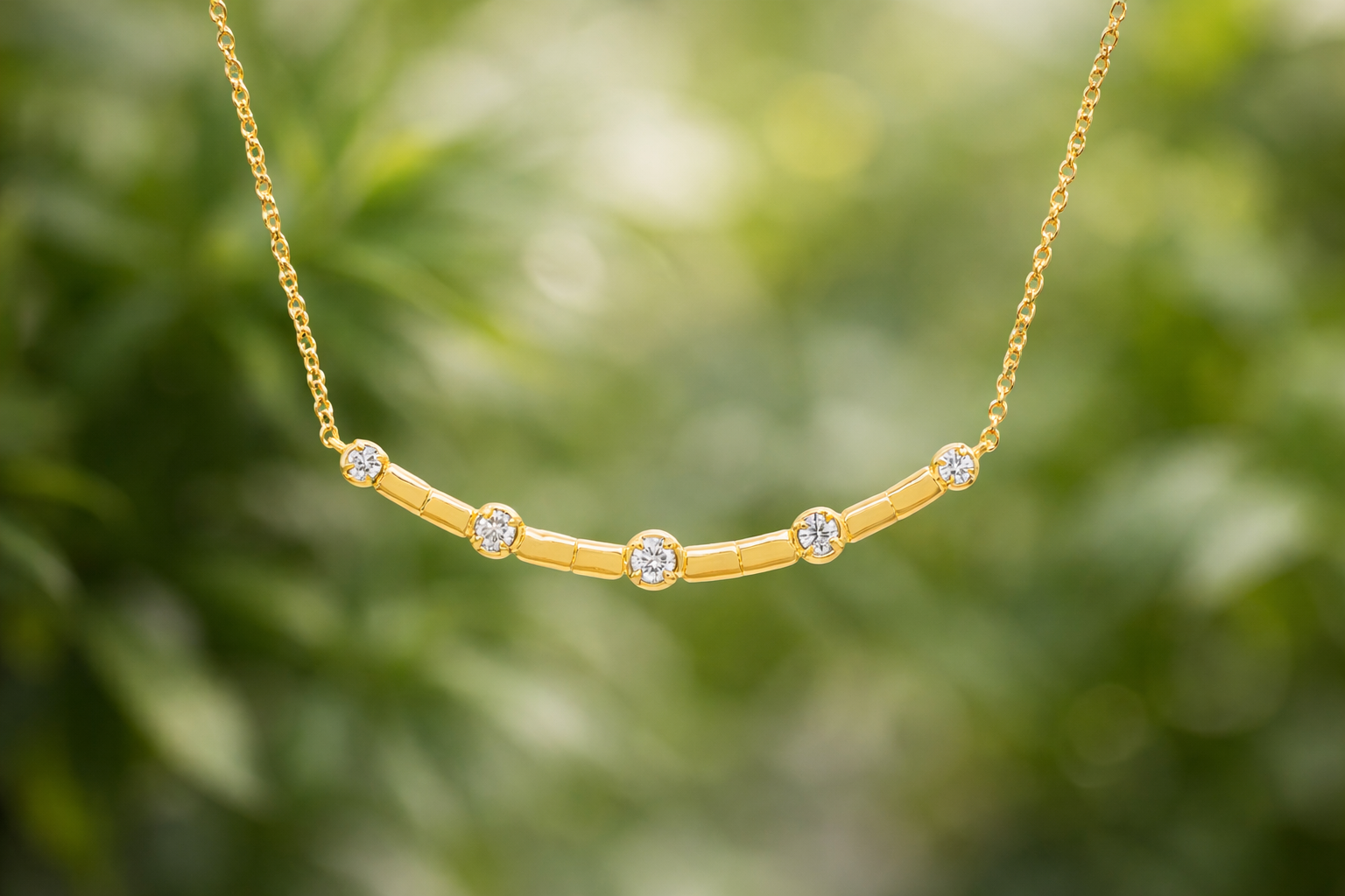14k Yellow Gold and Diamond Curved Bar Necklace