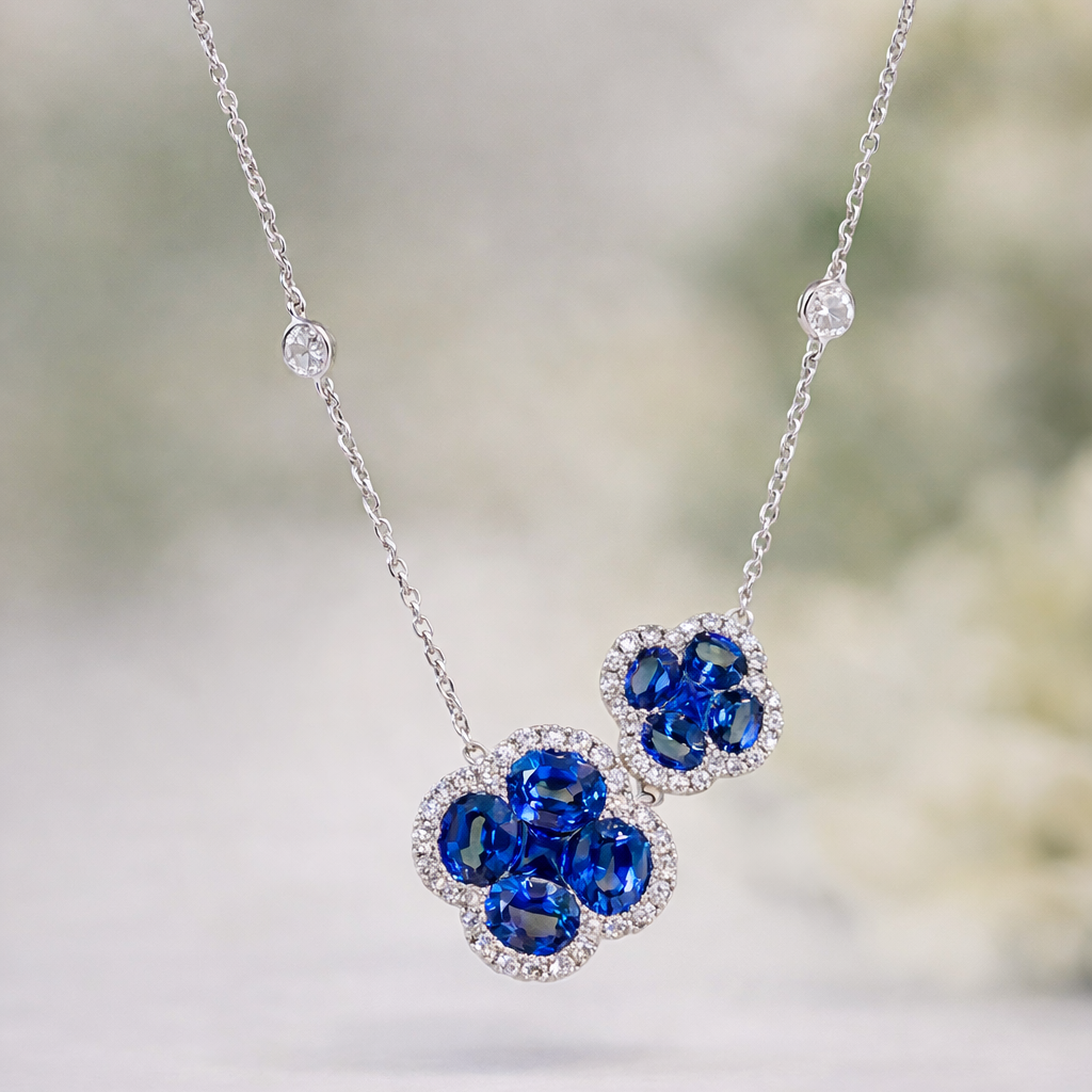 Sapphire and Diamond Asymmetrical Quatrefoil Necklace