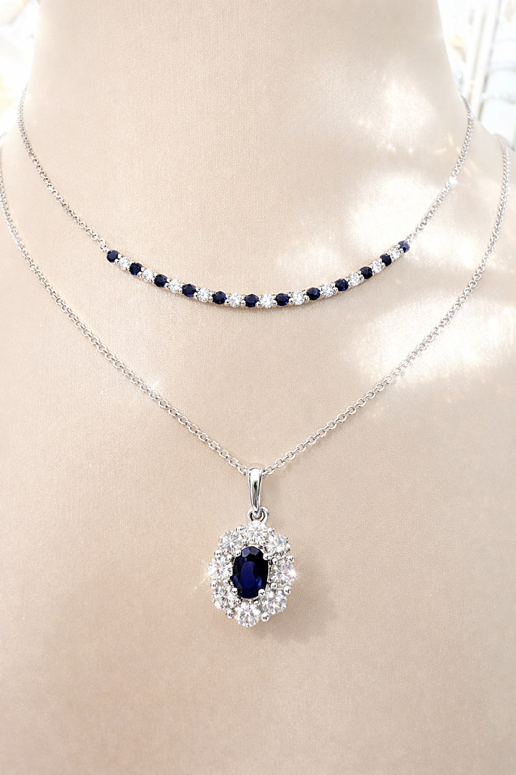 Luna Sapphire and Diamond Curved Bar Necklace