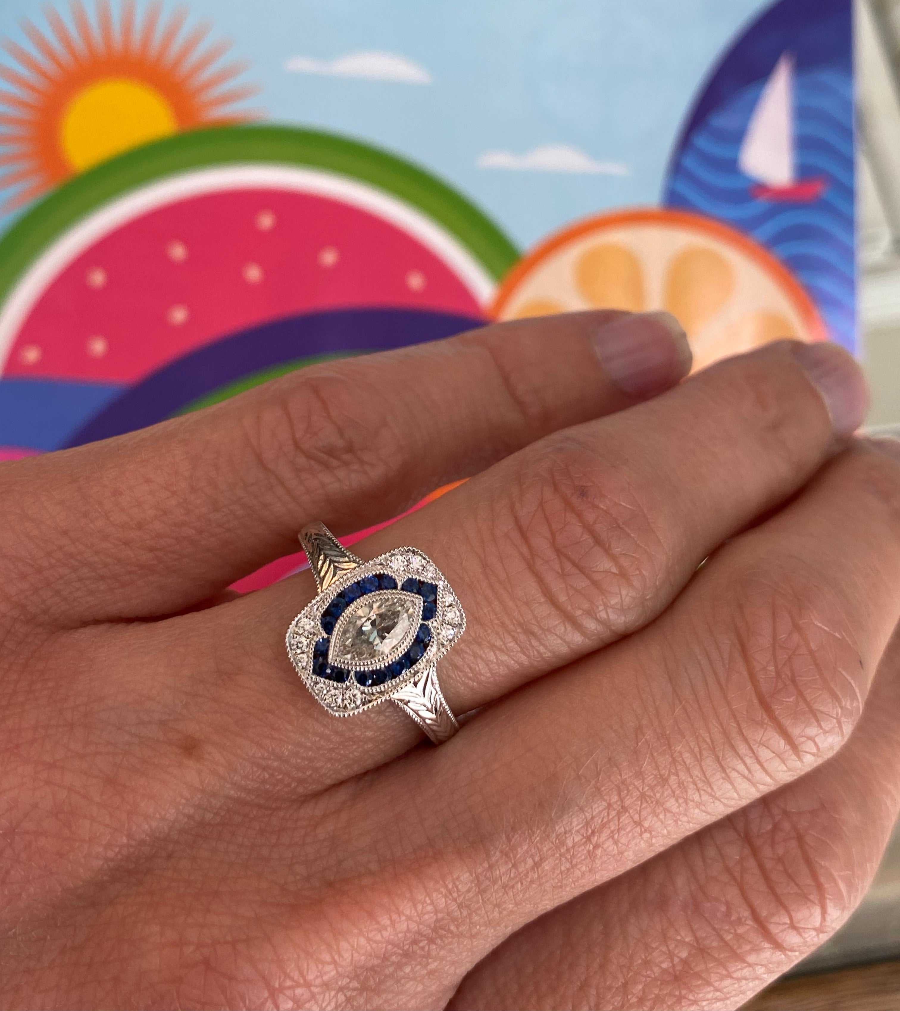 Vintage Inspired Midnight Marquise Sapphire & Diamond Ring