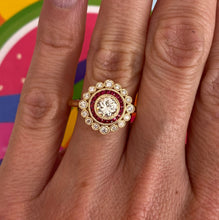 Load image into Gallery viewer, Diamond and Ruby Double Halo Yellow Gold Ring