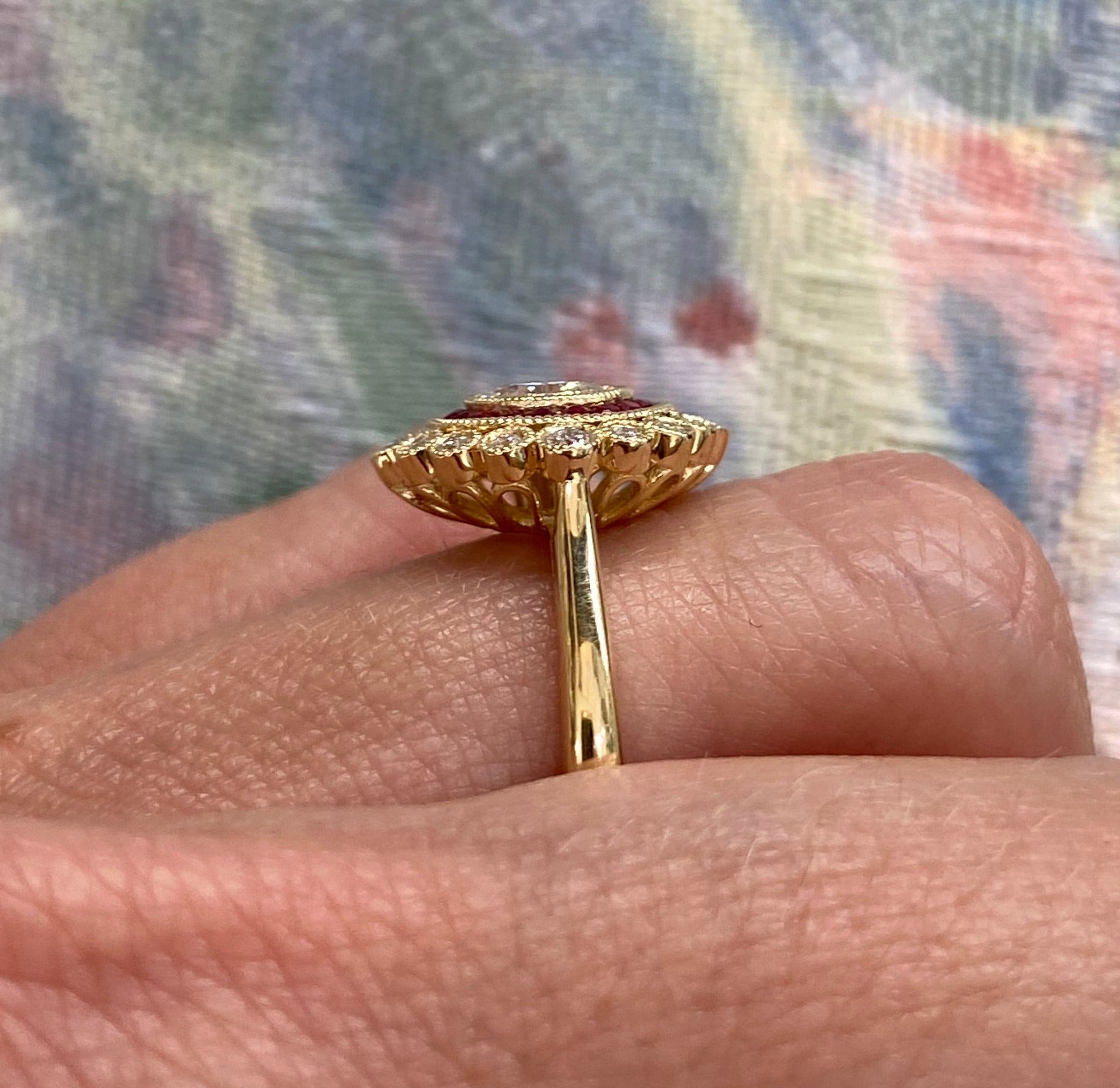 Diamond and Ruby Double Halo Yellow Gold Ring