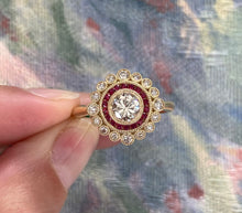 Load image into Gallery viewer, Diamond and Ruby Double Halo Yellow Gold Ring