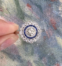 Load image into Gallery viewer, Diamond and Sapphire Double Halo White Gold Ring
