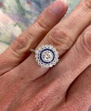Load image into Gallery viewer, Diamond and Sapphire Double Halo White Gold Ring