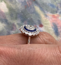 Load image into Gallery viewer, Diamond and Sapphire Double Halo White Gold Ring