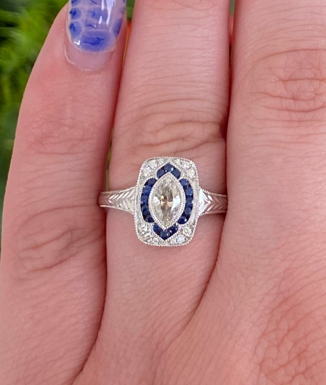 Vintage Inspired Midnight Marquise Sapphire & Diamond Ring