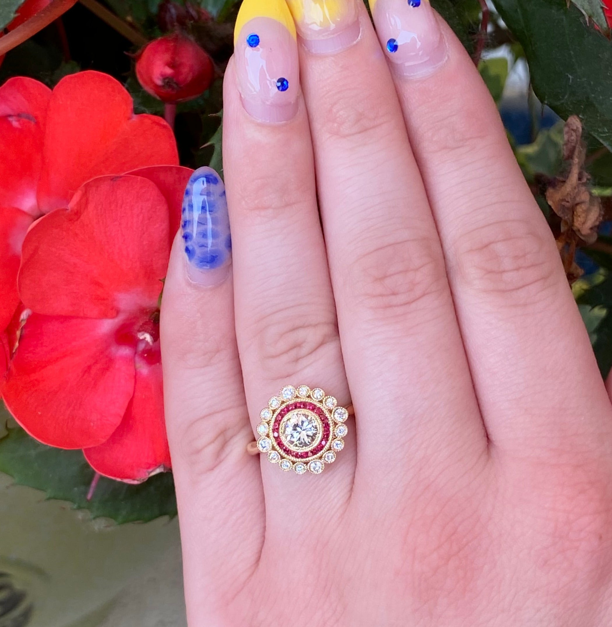 Diamond and Ruby Double Halo Yellow Gold Ring