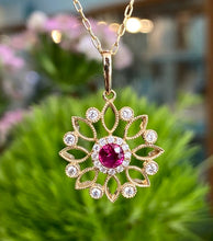 Load image into Gallery viewer, Ruby and Diamond Yellow Gold Mandala Drop Pendant