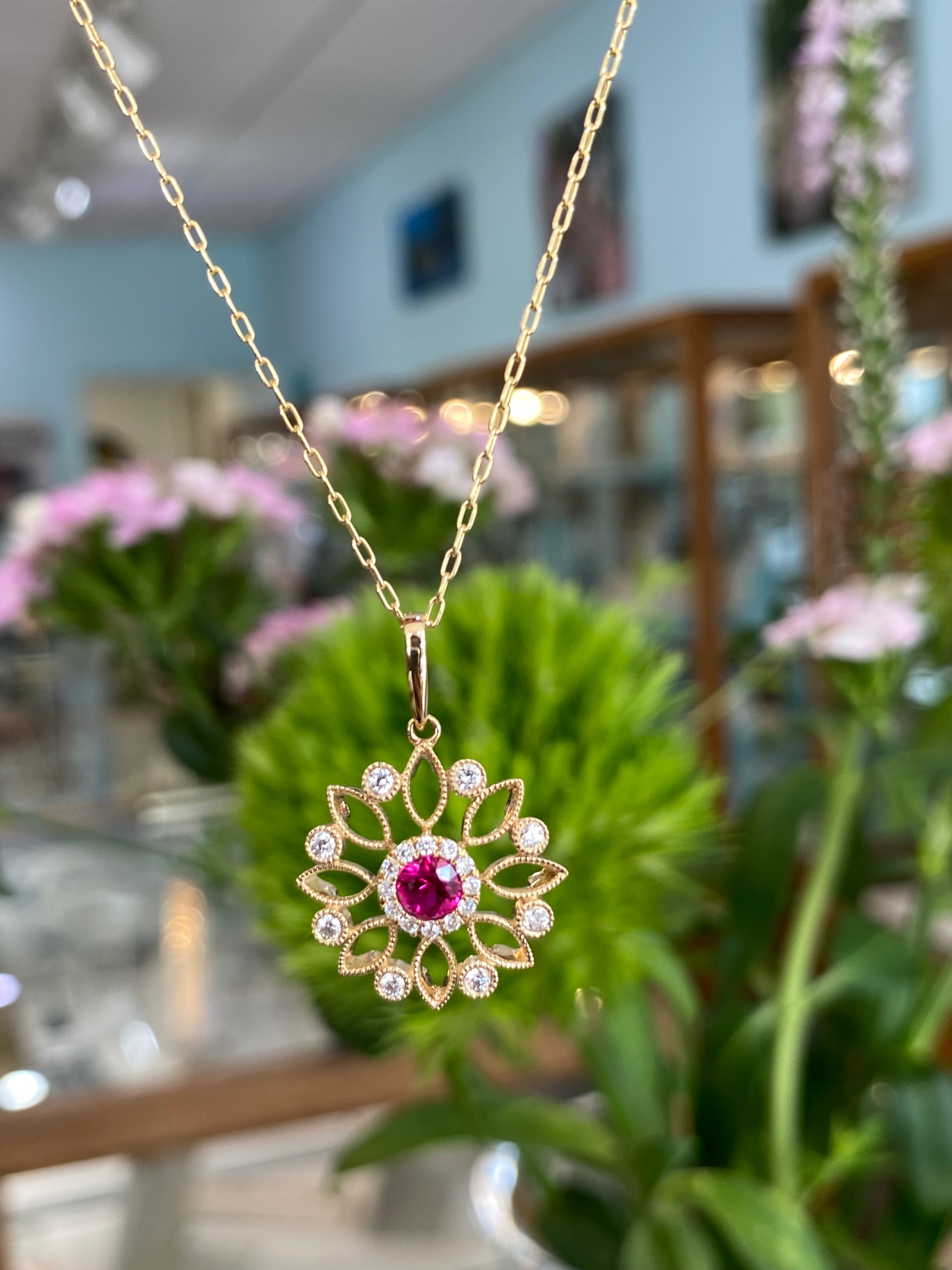 Ruby and Diamond Yellow Gold Mandala Drop Pendant