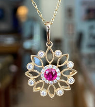 Load image into Gallery viewer, Ruby and Diamond Yellow Gold Mandala Drop Pendant