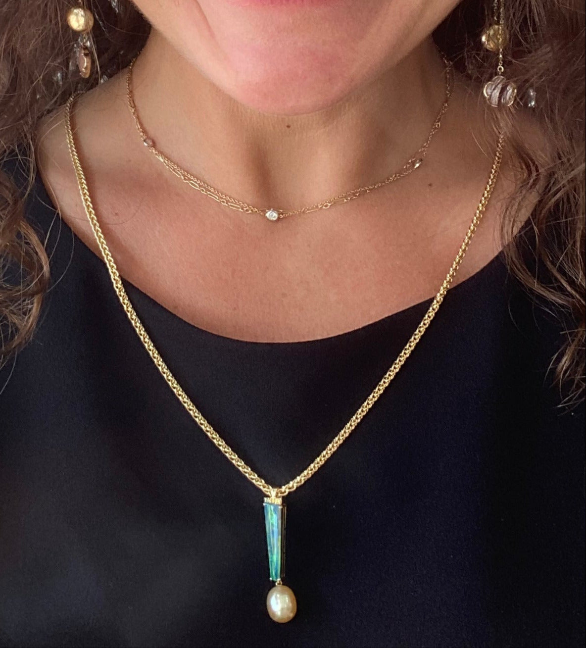 18K Yellow Gold Opal Pearl and Green Garnet Pendant Necklace