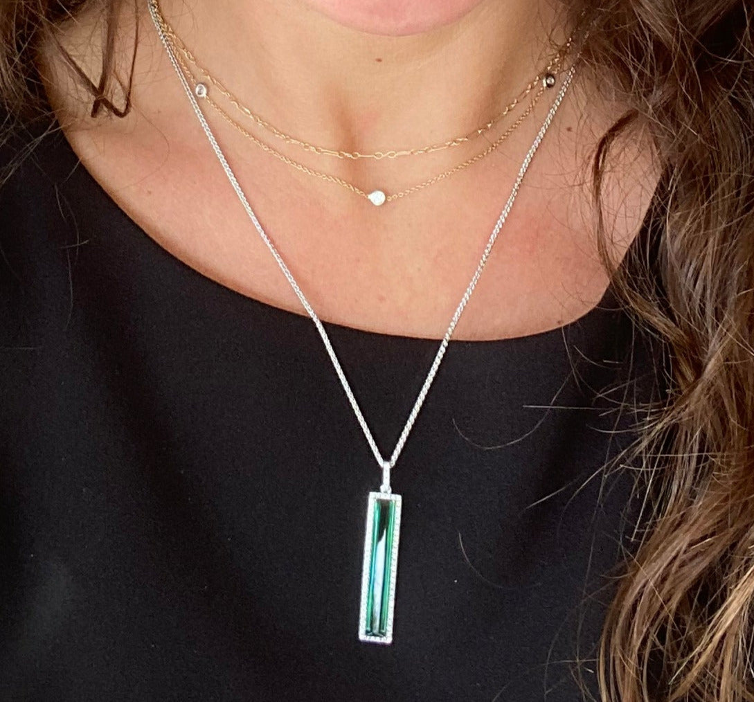 White Gold Green Tourmaline and Diamond Drop Pendant