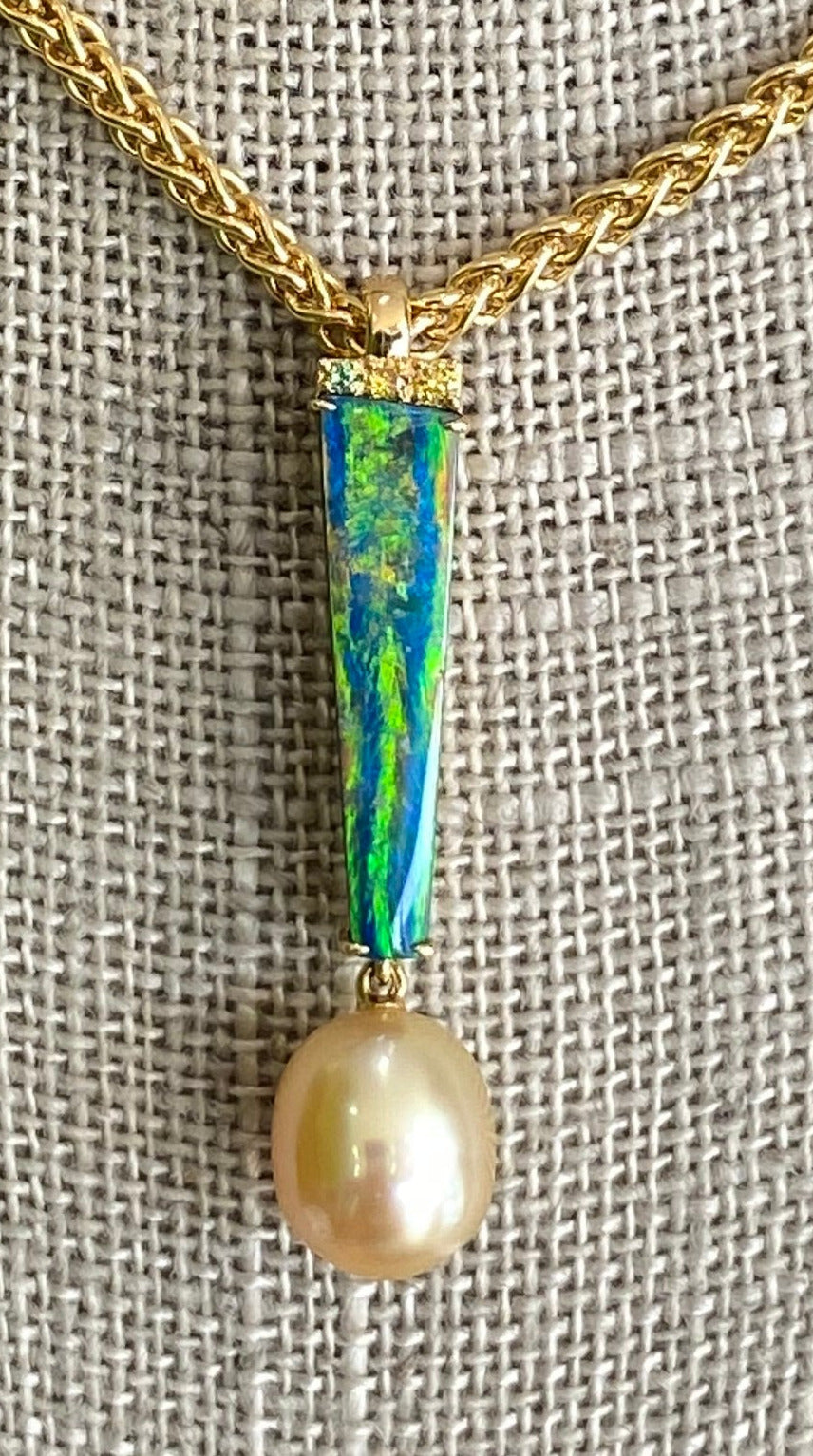 18K Yellow Gold Opal Pearl and Green Garnet Pendant Necklace