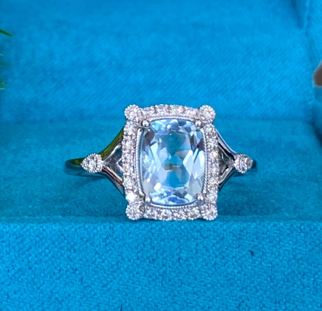 Aquamarine and Diamond Halo White Gold Ring
